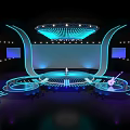 Modern Commercial Stage Equipment with Illuminated Lighting Large Screens and Microphones