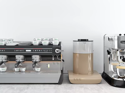 Modern Café Interior Featuring Coffee Machines And Cups On Countertop 3d model