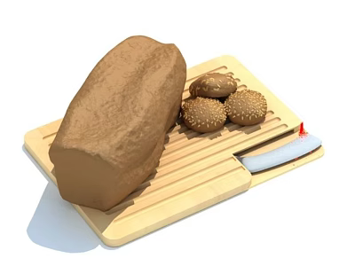 Wooden Cutting Board With Loaf Of Bread Small Sesame Buns And Kitchen Knife 3d model