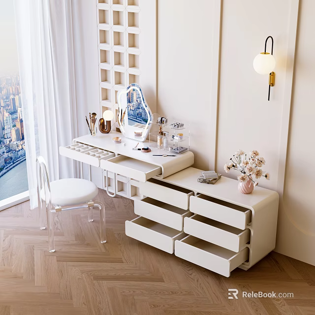Modern Minimalist White Dressing Table with Mirror Drawers Chair and Flower Vase Decor 3d model 
