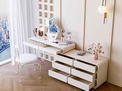 Modern Minimalist White Dressing Table with Mirror Drawers Chair and Flower Vase Decor 3d model