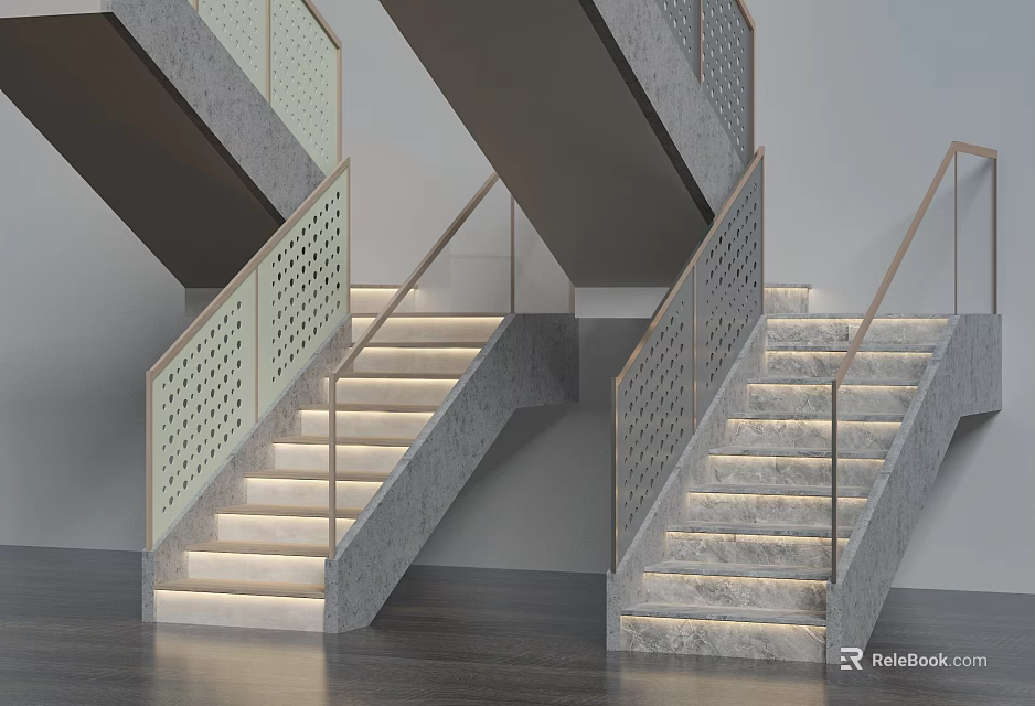 Modern Dual Staircases With Concrete Material Perforated Railings And Lighting Design 3d model 