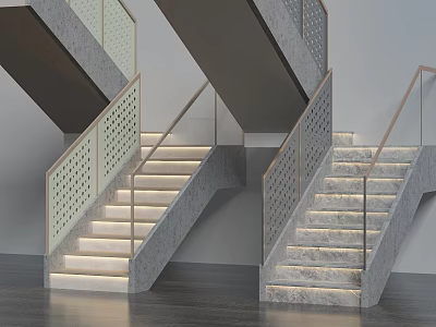 Modern Dual Staircases With Concrete Material Perforated Railings And Lighting Design 3d model