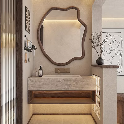 Modern Bathroom Interior With Unique Shaped Mirror Wooden Frame Vanity And Marble Countertop 3d model