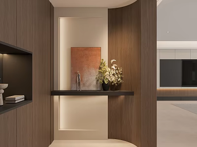 Modern Entryway Hallway With Wooden Walls Decorative Console Table Vase And Soft Lighting 3d model