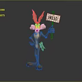 Cartoon Rabbit Character Holding Hello Sign Standing on Gray Background