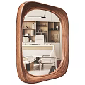 Wooden Frame Mirror Reflecting Modern Living Room With Sofa Coffee Table And Bookshelf