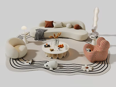 Elegant Modern Sofa Coffee Table Set With Curved Cushions Vase And Black White Wave Rug 3d model