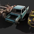 Rusted Abandoned Trucks With Damaged Parts In Junkyard Blue And Yellow