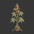 Ornate Decorative Sculpture With Golden Stem Green Leaves Red Flowers And Green Gold Base