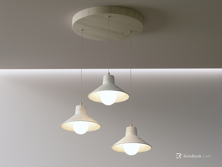 Three White Dome Shaped Pendant Lights Hanging From Wooden Ceiling In Modern Interior Space 3d model 