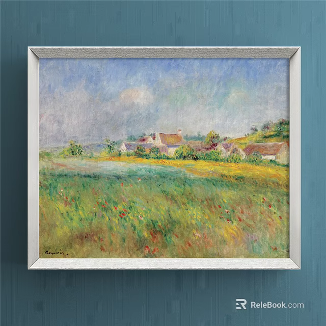Scenic Landscape Painting Featuring Green Meadow Yellow Flower Field and Distant Cottages Under Blue Sky 3d model 