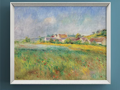Scenic Landscape Painting Featuring Green Meadow Yellow Flower Field and Distant Cottages Under Blue Sky 3d model