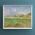 Scenic Landscape Painting Featuring Green Meadow Yellow Flower Field and Distant Cottages Under Blue Sky