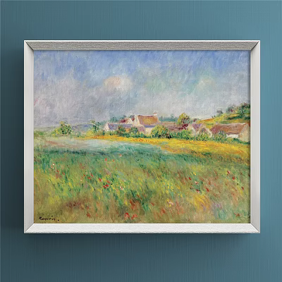 Scenic Landscape Painting Featuring Green Meadow Yellow Flower Field and Distant Cottages Under Blue Sky 3d model