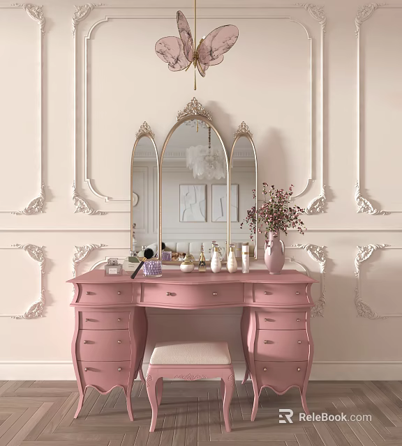Pink Vanity Dresser With Ornate Mirror And Floral Vase On Decorative Wall 3d model 
