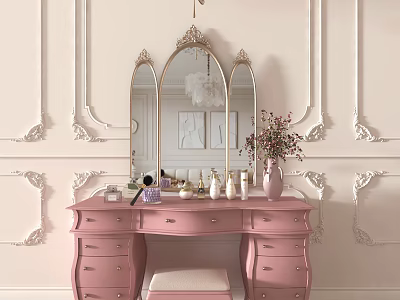 Pink Vanity Dresser With Ornate Mirror And Floral Vase On Decorative Wall 3d model
