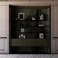 Elegant Green Bookcase With Gold Frame Built In Lighting And Decorative Plants
