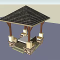 Open Sided Outdoor Gazebo Featuring Black Roof Wooden Pillars And Stone Base