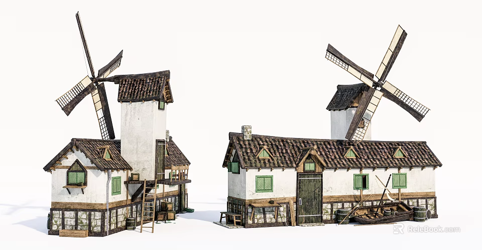 Traditional Windmills And Old Houses With Tiled Roofs White Walls Green Windows 3d model 