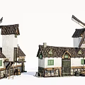 Traditional Windmills And Old Houses With Tiled Roofs White Walls Green Windows