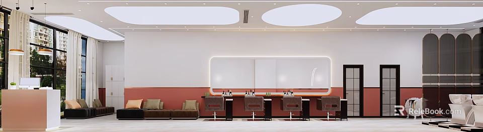 Elegant Beauty Hair Salon Interior With Bright Mirrors Styling Chairs And Workstations 3d model 