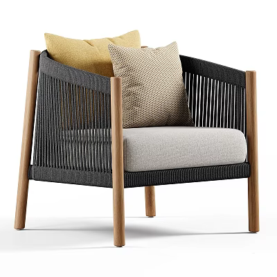 Modern Leisure Chair With Woven Design Wooden Frame And Linen Cushion Pillows 3d model