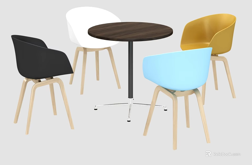 Modern Dining Table Set With Round Dark Wood Top And Multi Colored Chairs 3d model