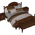 Classic Wooden Double Bed With Carved Frame Brown Beige Bedding Side Nightstands And Foot Bench