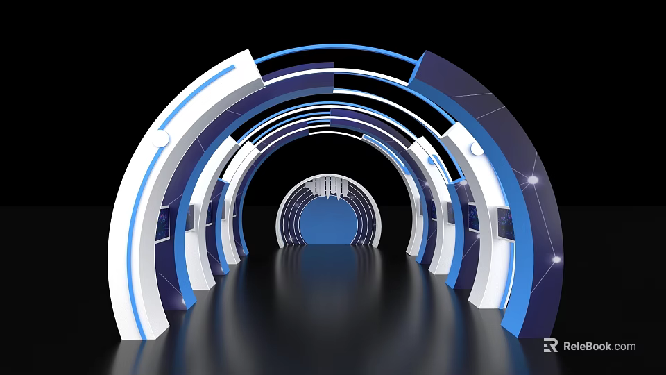 Modern Tech Style Event Entrance With Arched Structure Blue White Geometric Lines And Lighting Effects 3d model 