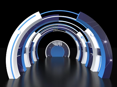 Modern Tech Style Event Entrance With Arched Structure Blue White Geometric Lines And Lighting Effects 3d model