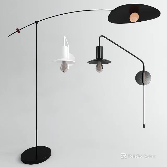Stylish Modern Floor Lamps Featuring Curved Design Black White Exposed Bulbs 3d model 