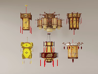 Traditional Chinese Style Chandeliers Featuring Wooden Frames and Red Tassel Decor 3d model