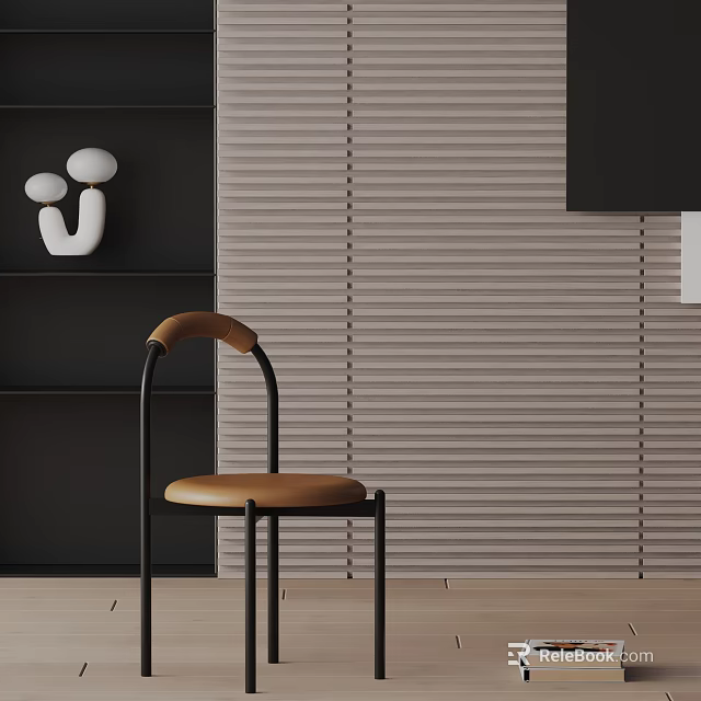 Modern Minimalist Dining Chair With Brown Leather Seat And Black Metal Frame Against Vertical Striped Wall 3d model 