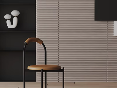 Modern Minimalist Dining Chair With Brown Leather Seat And Black Metal Frame Against Vertical Striped Wall 3d model