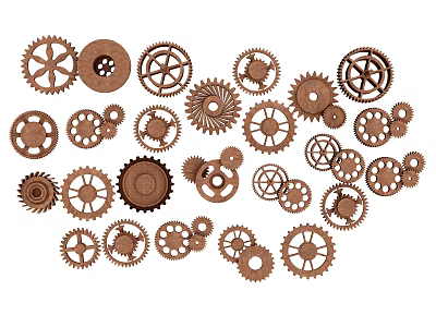 Various Wooden Gears In Different Sizes And Intricate Patterns On White 3d model