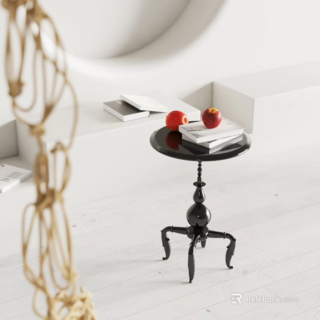 Black Side Table with Artistic Spider-shaped Legs and Stacked Books Red Apples in Modern Living Space 3d model 