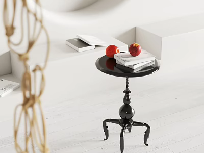 Black Side Table with Artistic Spider-shaped Legs and Stacked Books Red Apples in Modern Living Space 3d model