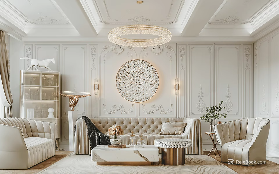 Elegant Living Room Interior Design With White Paneled Walls Crystal Chandelier And Beige Tufted Sofa 3d model 