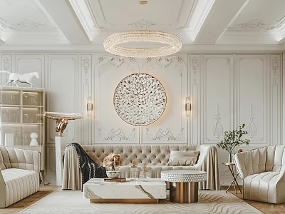 Elegant Living Room Interior Design With White Paneled Walls Crystal Chandelier And Beige Tufted Sofa 3d model