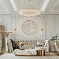Elegant Living Room Interior Design With White Paneled Walls Crystal Chandelier And Beige Tufted Sofa