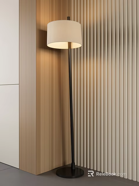 Modern Minimalist Floor Lamp With Round Shade And Black Metal Stand Against Vertical Striped Wall 3d model 