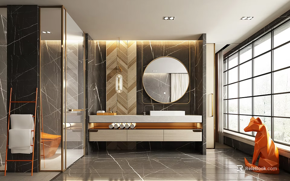 Modern Bathroom Interior With Marble Walls Round Mirror Glass Shower And Large Window 3d model 