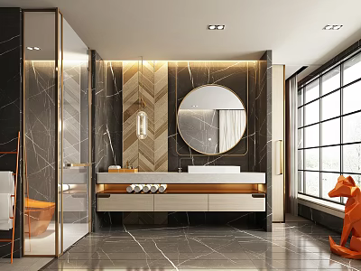Modern Bathroom Interior With Marble Walls Round Mirror Glass Shower And Large Window 3d model