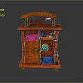 Orange Wooden Mobile Storage Cabinet With Curved Top And Multiple Shelves
