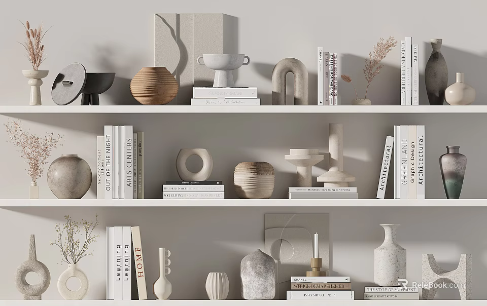 Modern Minimalist Decorative Ornament Set with Vases Sculptures and Books on Shelves 3d model 