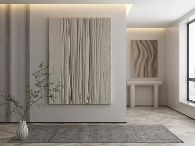 Minimalist Modern Interior With Artworks Green Plant Rug And Wall Lighting 3d model