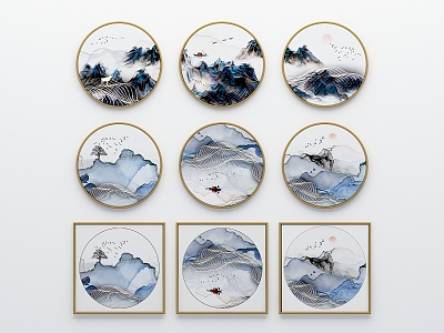 New Chinese Round Frame Painting Abstract Landscape Line Decorative Painting 3d model