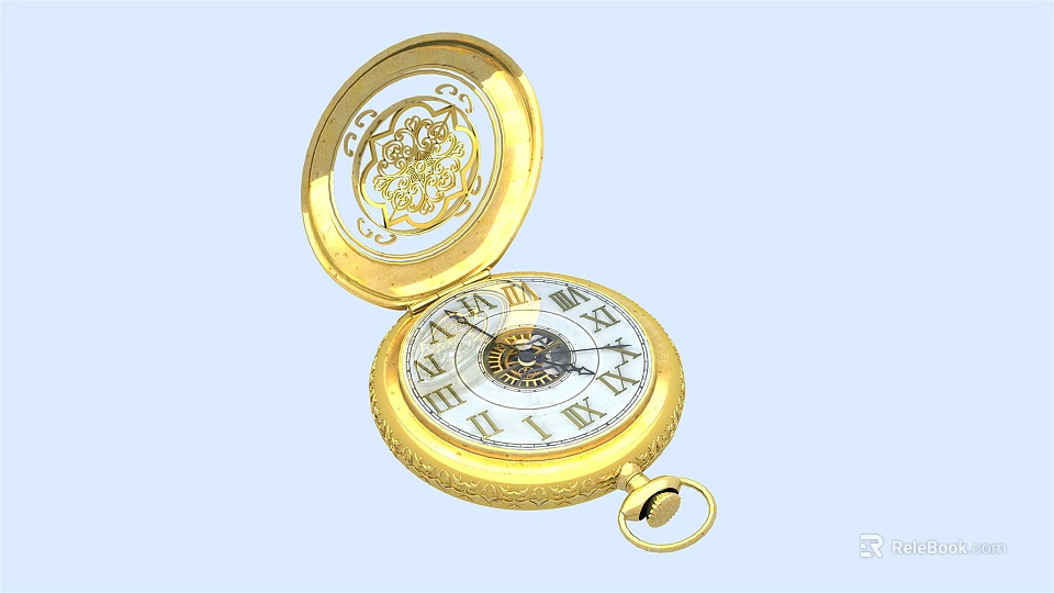 Golden Open Pocket Watch With Roman Numeral Dial And Intricate Mechanical Movement Engraved Case 3d model 