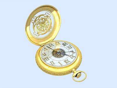 Golden Open Pocket Watch With Roman Numeral Dial And Intricate Mechanical Movement Engraved Case 3d model